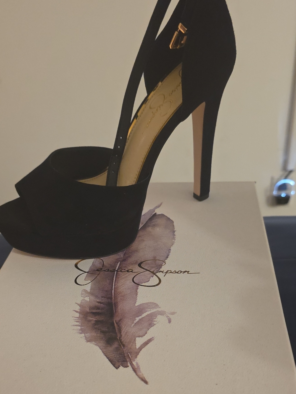 Jessica Simpson Black Suede Platform Peep-Toe Heels with Gold Buckle